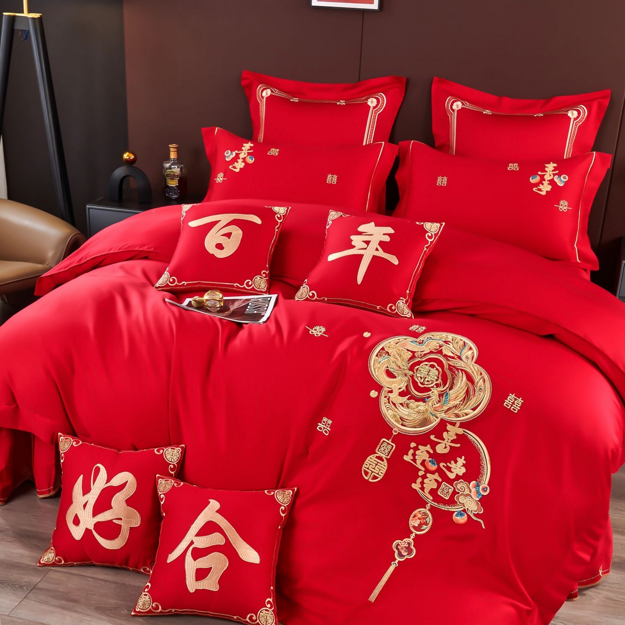 91家纺网 家纺一手货源 找家纺 皇潮婚庆馆 2025新款A类布款全棉刺绣婚庆四件套系列 喜事连连