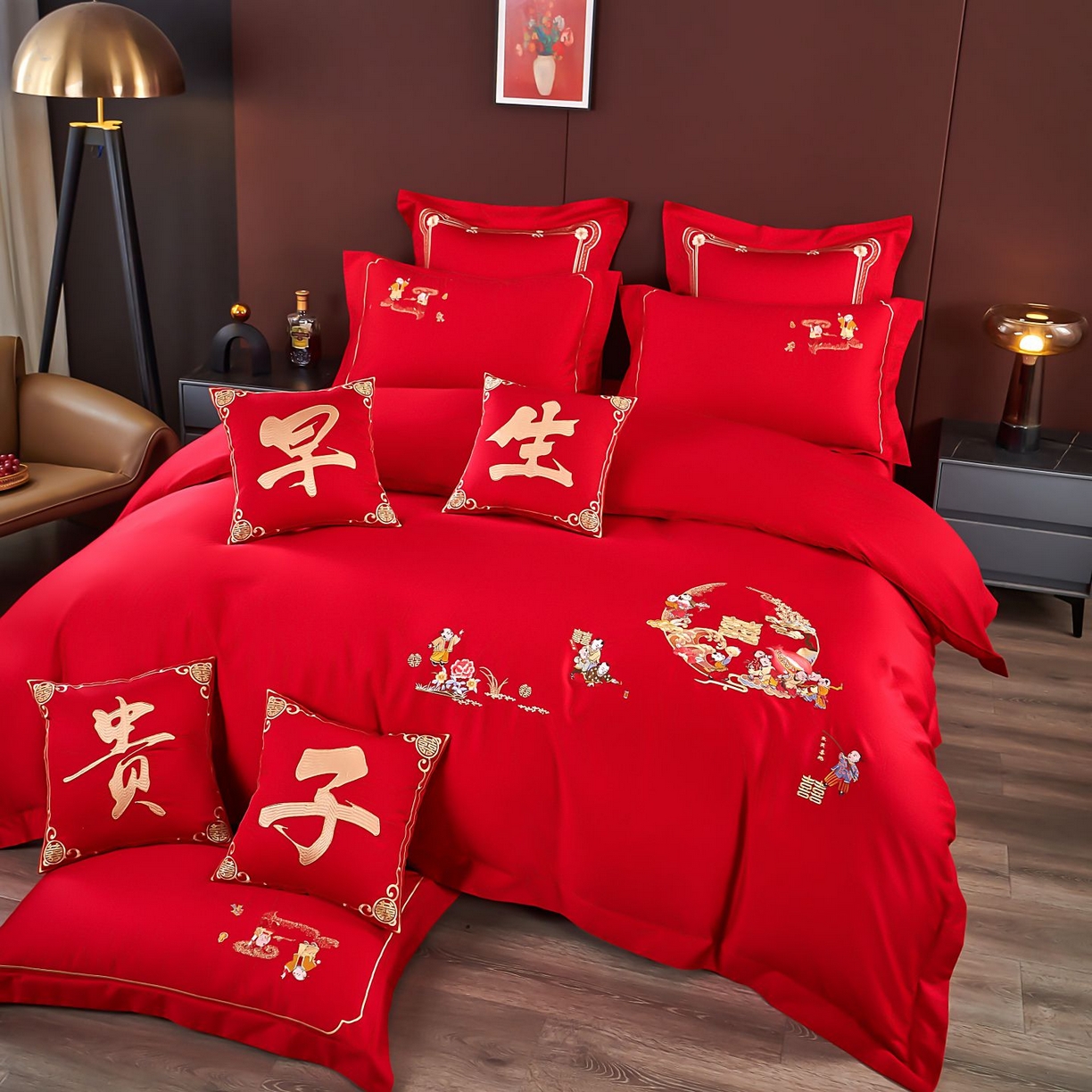 91家纺网 家纺一手货源 找家纺 皇潮婚庆馆 2025新款A类布款全棉刺绣婚庆四件套系列 百子送喜