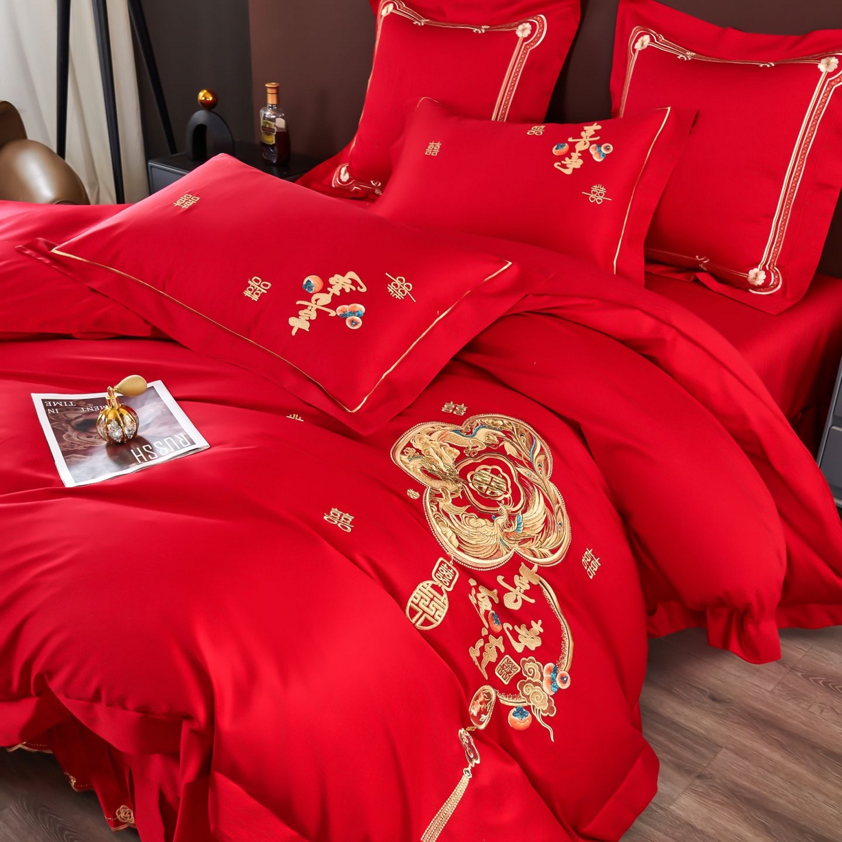 91家纺网 家纺一手货源 找家纺 皇潮婚庆馆 2025新款A类布款全棉刺绣婚庆四件套系列 喜事连连