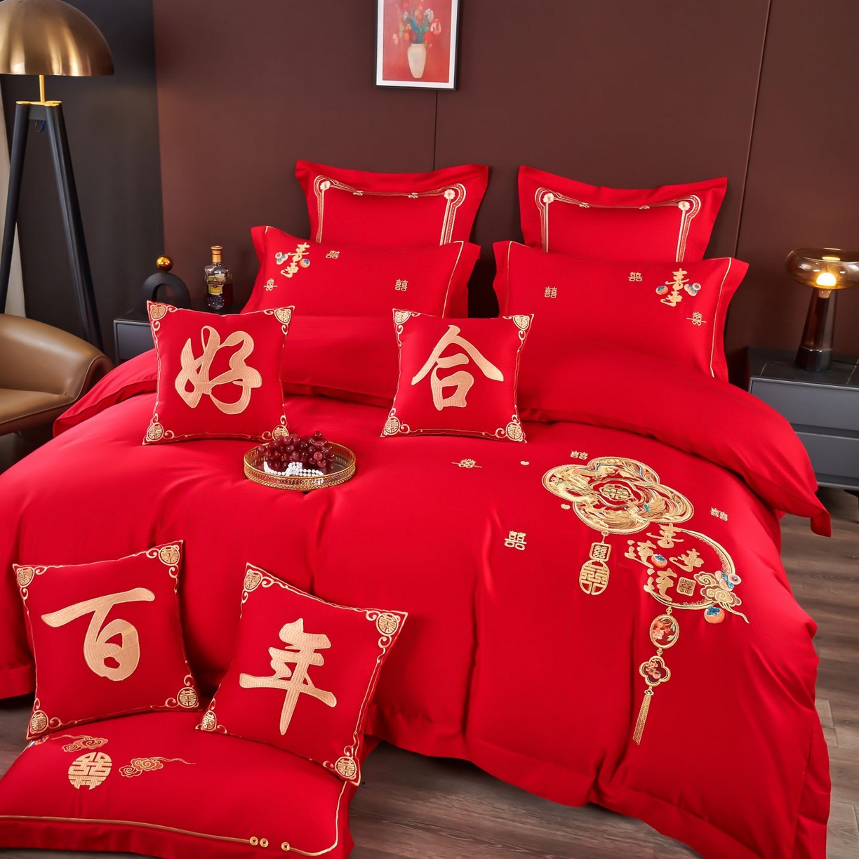 91家纺网 家纺一手货源 找家纺 皇潮婚庆馆 2025新款A类布款全棉刺绣婚庆四件套系列 喜事连连