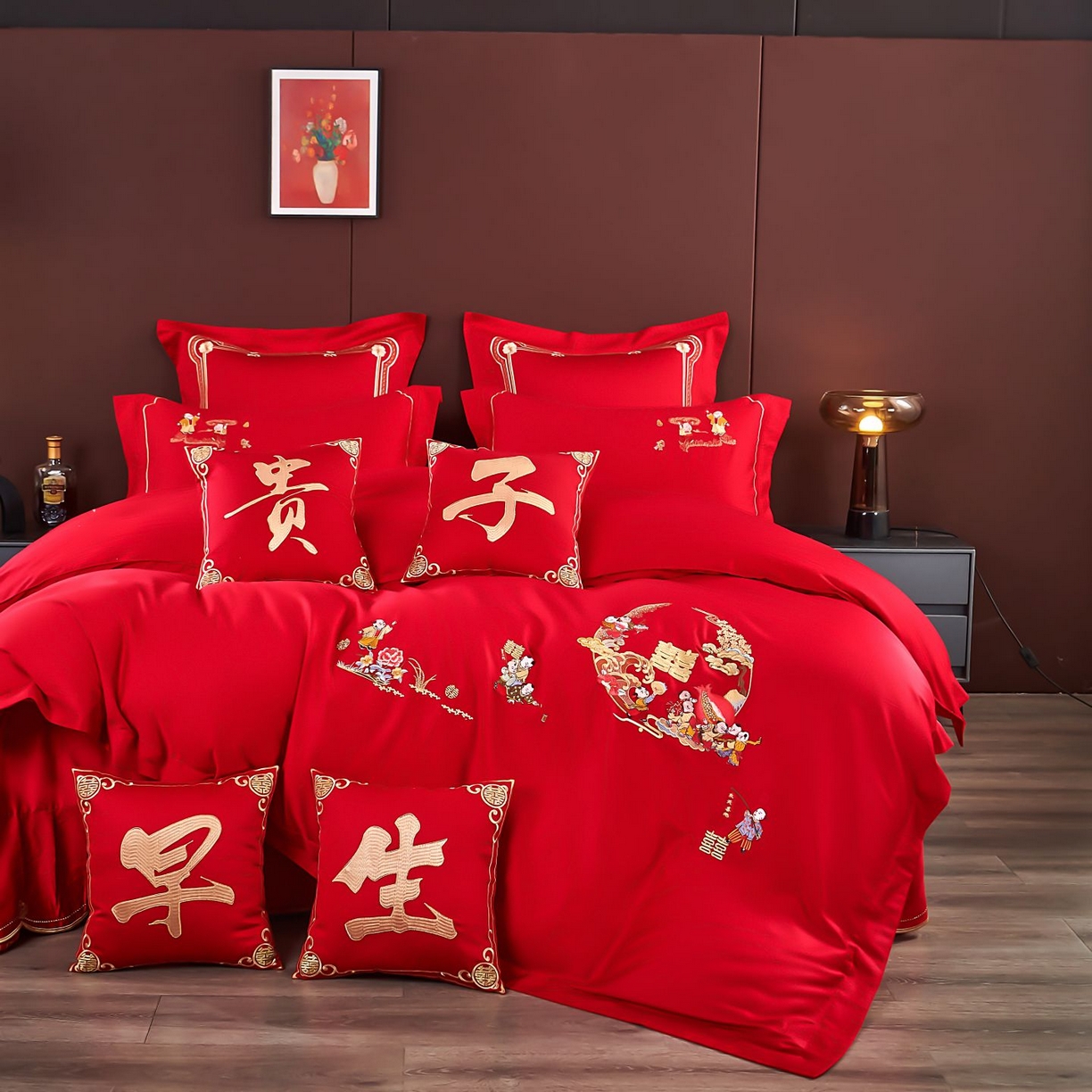 91家纺网 家纺一手货源 找家纺 皇潮婚庆馆 2025新款A类布款全棉刺绣婚庆四件套系列 百子送喜