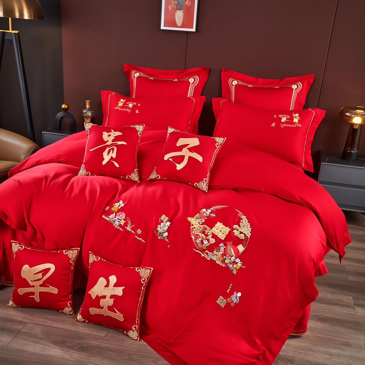 91家纺网 家纺一手货源 找家纺 皇潮婚庆馆 2025新款A类布款全棉刺绣婚庆四件套系列 百子送喜