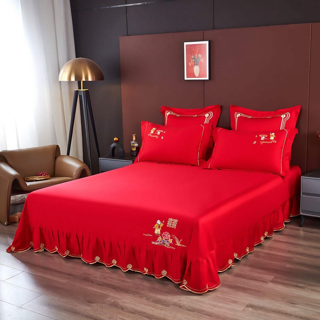 91家纺网 家纺一手货源 找家纺 皇潮婚庆馆 2025新款A类布款全棉刺绣婚庆四件套系列 百子送喜