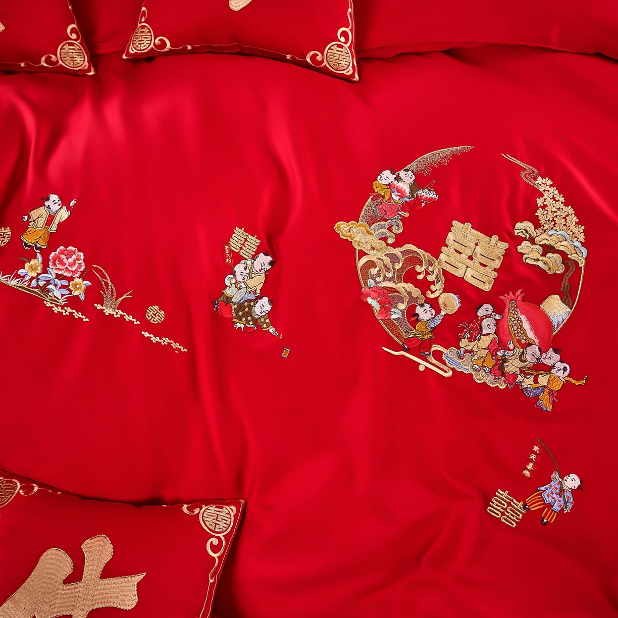 91家纺网 家纺一手货源 找家纺 皇潮婚庆馆 2025新款A类布款全棉刺绣婚庆四件套系列 百子送喜