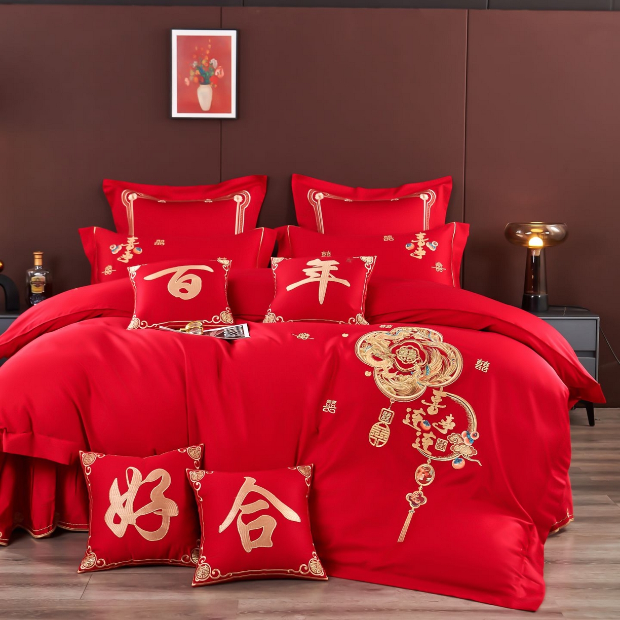 91家纺网 家纺一手货源 找家纺 皇潮婚庆馆 2025新款A类布款全棉刺绣婚庆四件套系列 喜事连连