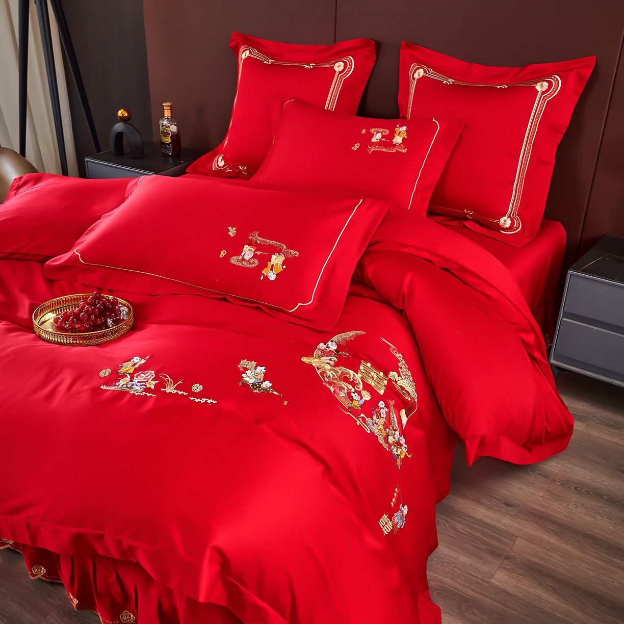 91家纺网 家纺一手货源 找家纺 皇潮婚庆馆 2025新款A类布款全棉刺绣婚庆四件套系列 百子送喜