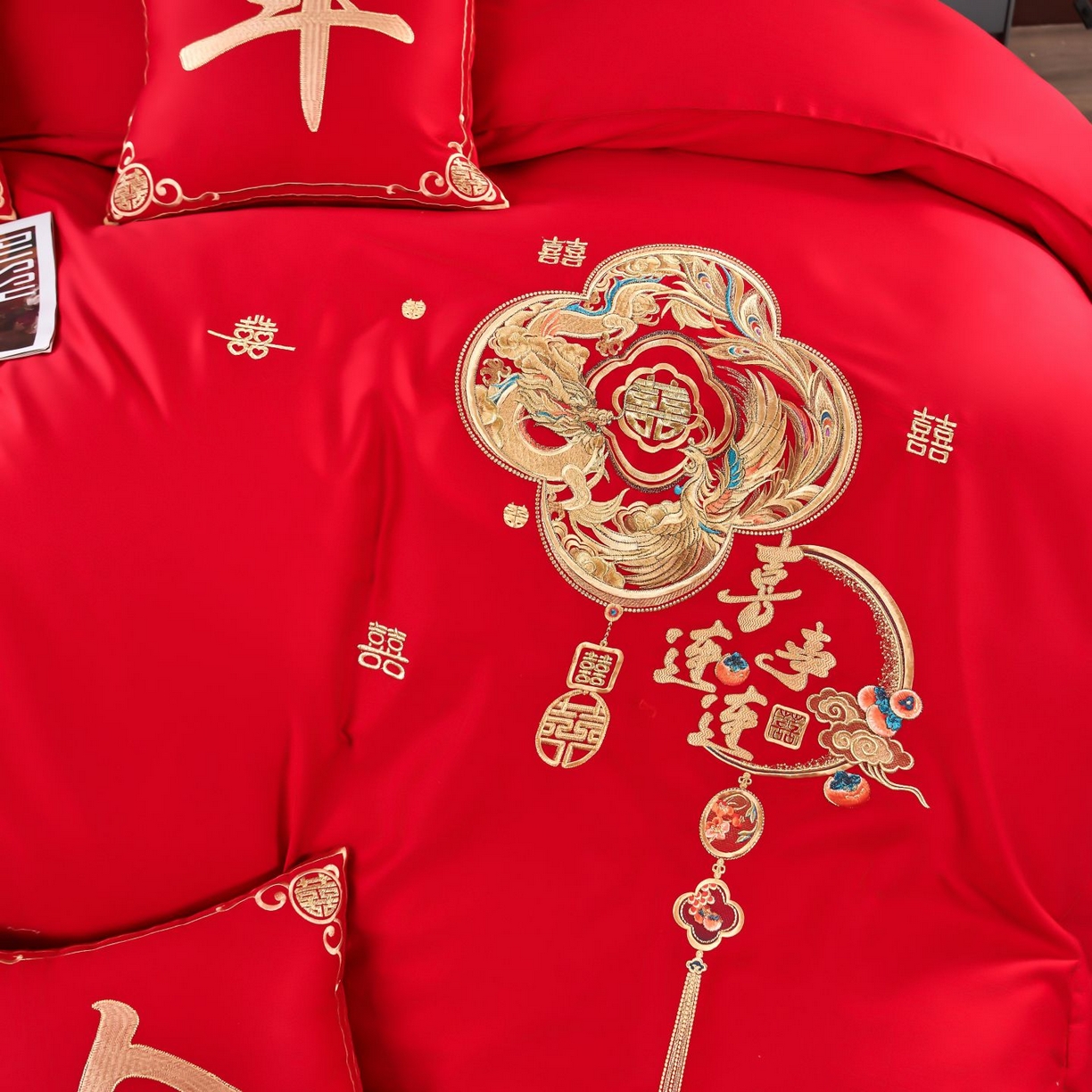 91家纺网 家纺一手货源 找家纺 皇潮婚庆馆 2025新款A类布款全棉刺绣婚庆四件套系列 喜事连连