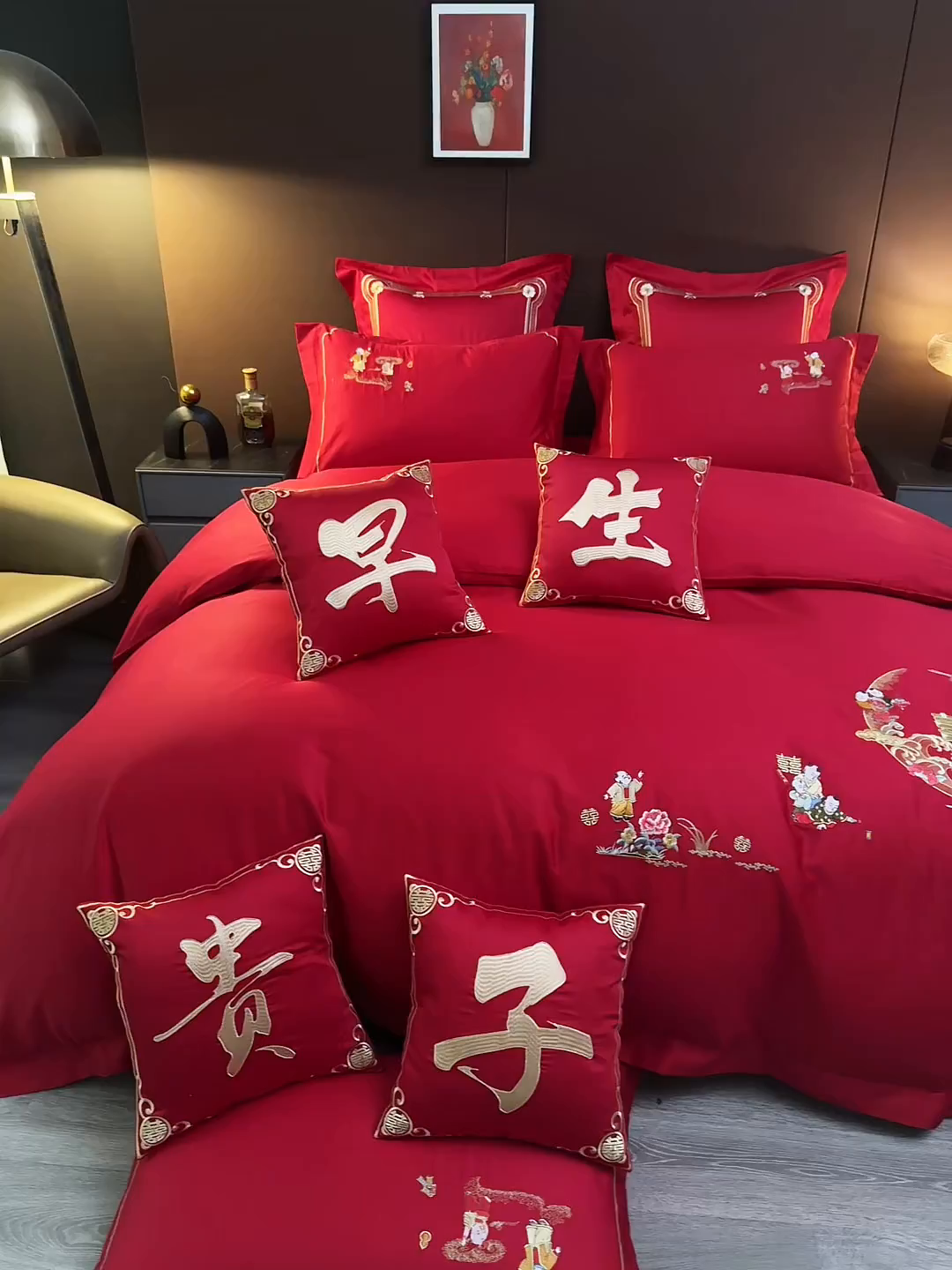 91家纺网 家纺一手货源 找家纺 皇潮婚庆馆 2025新款A类布款全棉刺绣婚庆四件套系列 百子送喜