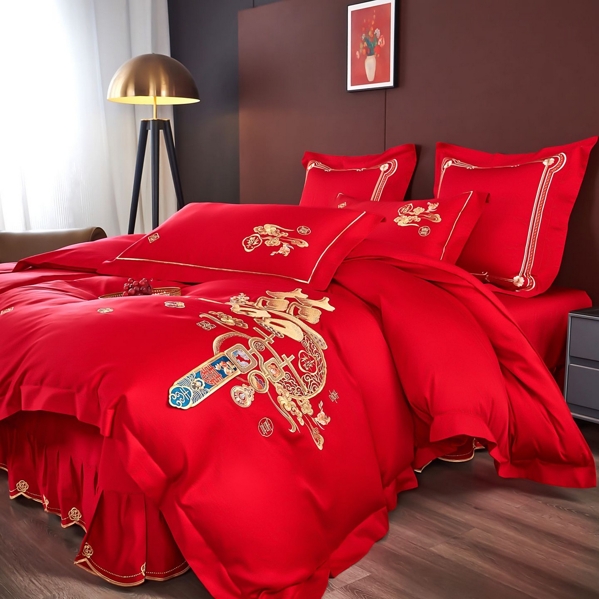 91家纺网 家纺一手货源 找家纺 皇潮婚庆馆 2025新款A类布款全棉刺绣婚庆四件套系列 喜迎鸿运