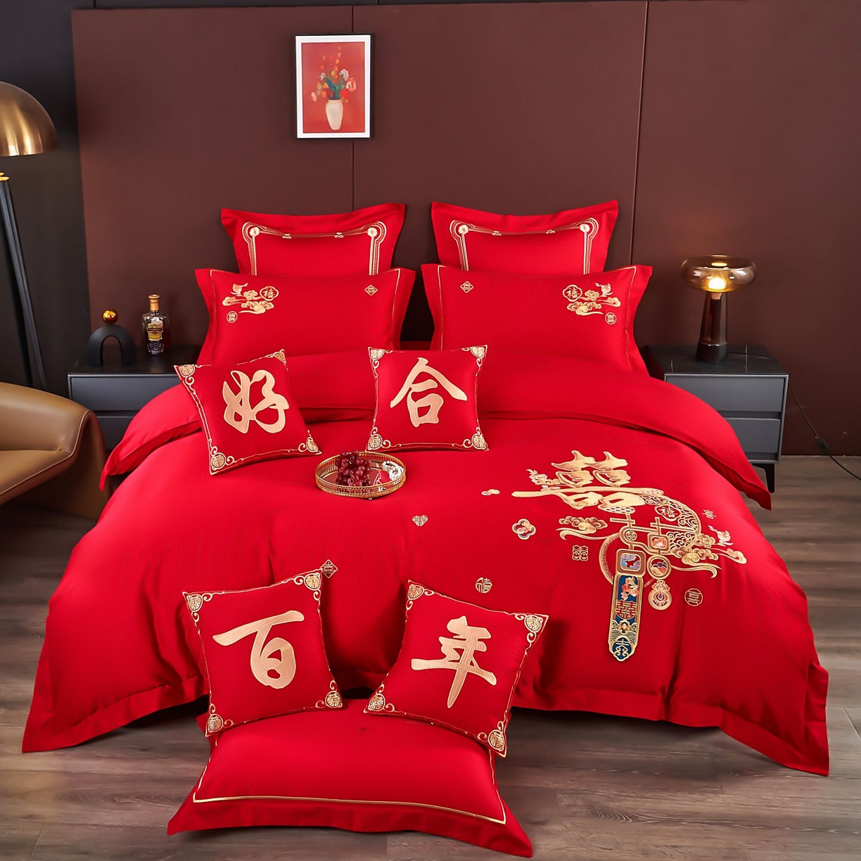 皇潮婚庆馆 2025新款A类布款全棉刺绣婚庆四件套系列 喜迎鸿运