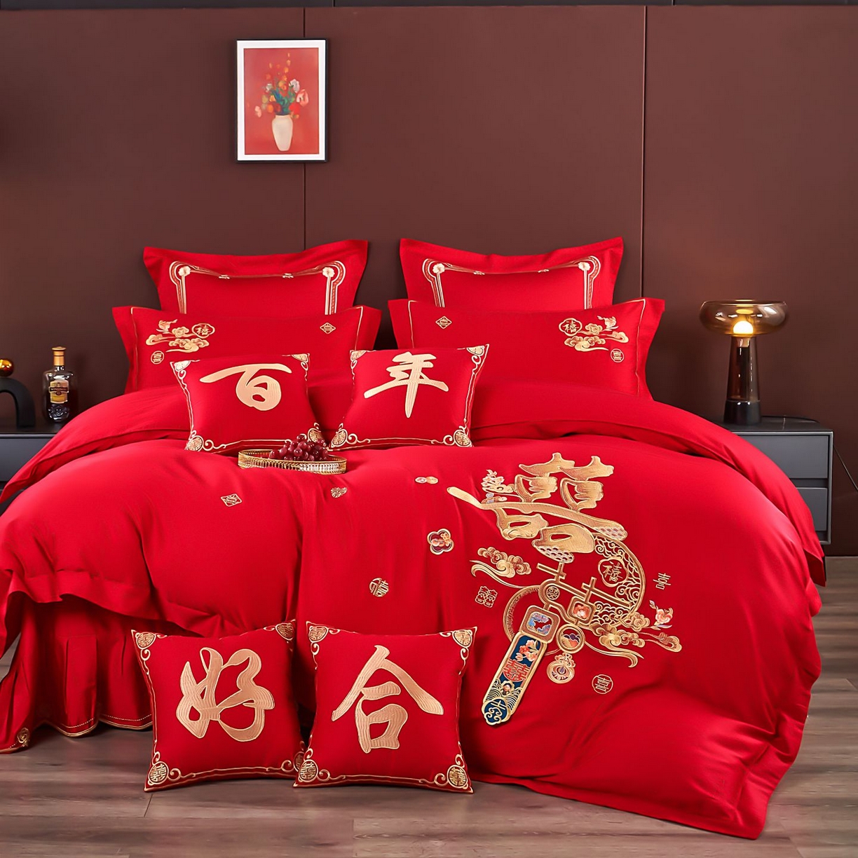 91家纺网 家纺一手货源 找家纺 皇潮婚庆馆 2025新款A类布款全棉刺绣婚庆四件套系列 喜迎鸿运