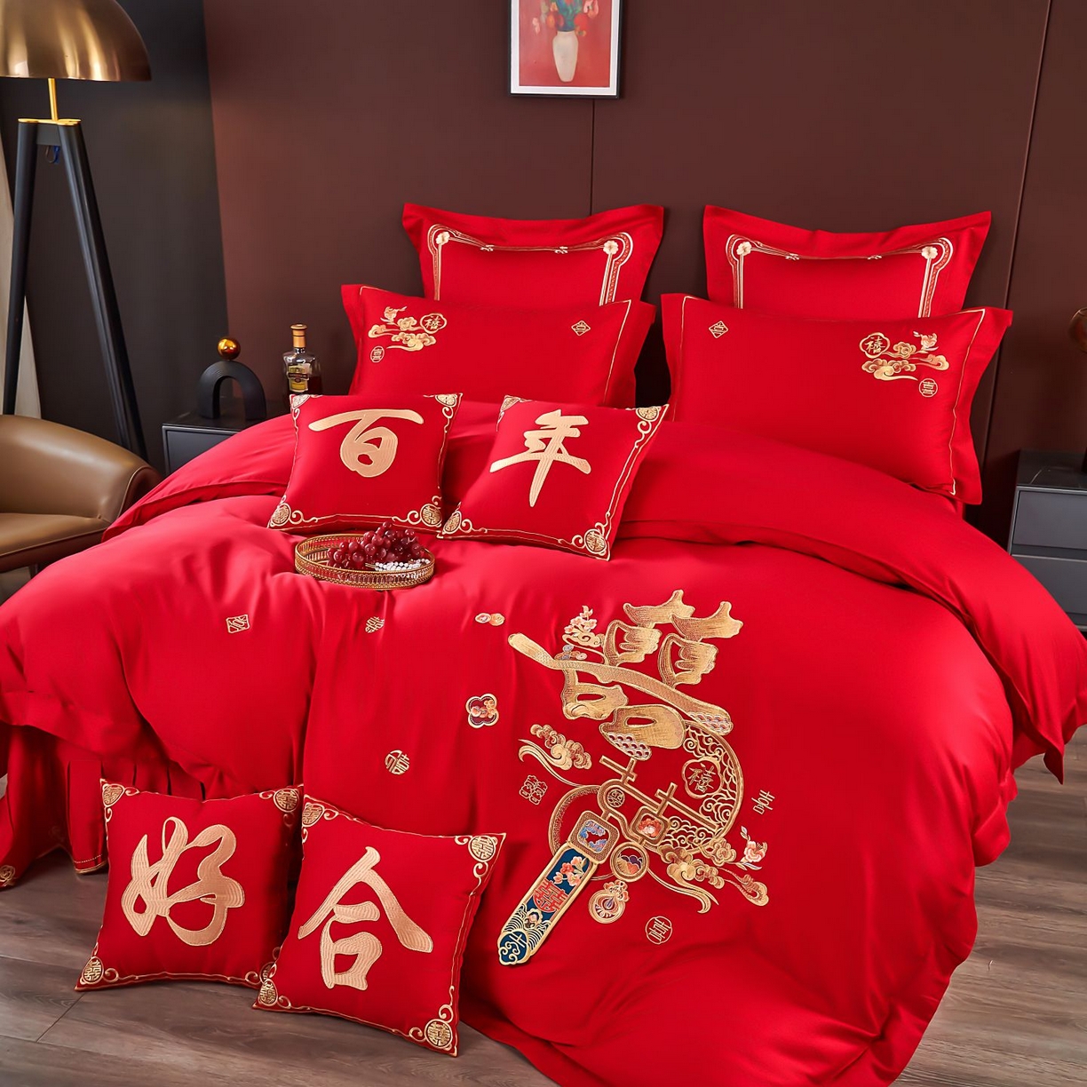 91家纺网 家纺一手货源 找家纺 皇潮婚庆馆 2025新款A类布款全棉刺绣婚庆四件套系列 喜迎鸿运