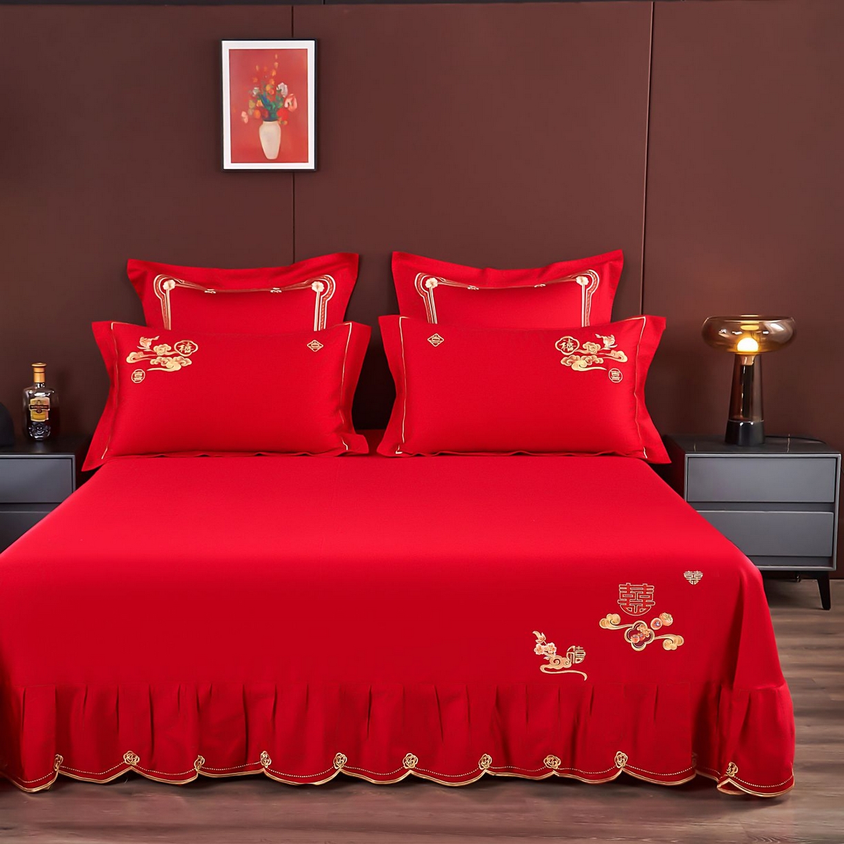 91家纺网 家纺一手货源 找家纺 皇潮婚庆馆 2025新款A类布款全棉刺绣婚庆四件套系列 喜迎鸿运