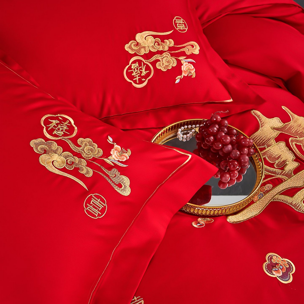 91家纺网 家纺一手货源 找家纺 皇潮婚庆馆 2025新款A类布款全棉刺绣婚庆四件套系列 喜迎鸿运