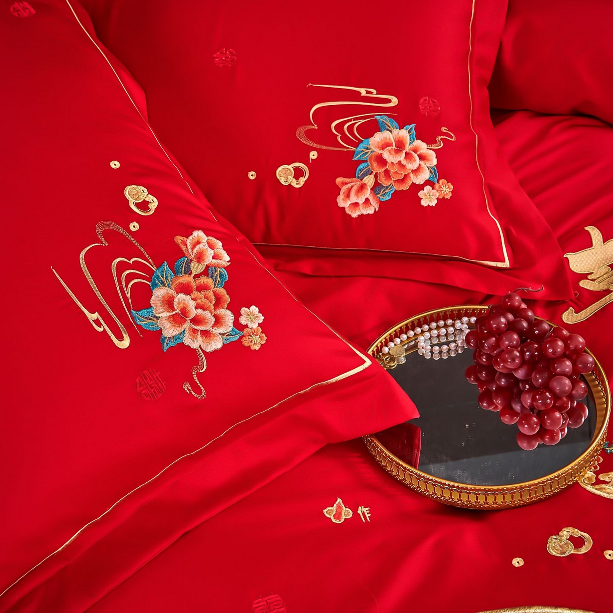 91家纺网 家纺一手货源 找家纺 皇潮婚庆馆 2025新款A类布款全棉刺绣婚庆四件套系列 花辰喜盈