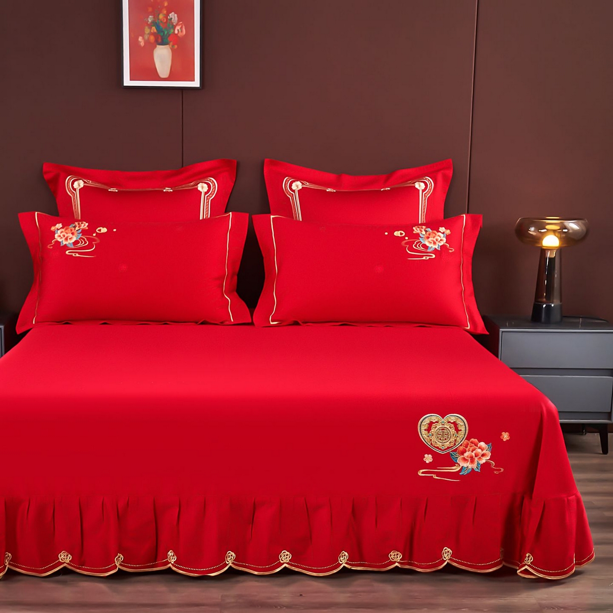 91家纺网 家纺一手货源 找家纺 皇潮婚庆馆 2025新款A类布款全棉刺绣婚庆四件套系列 花辰喜盈