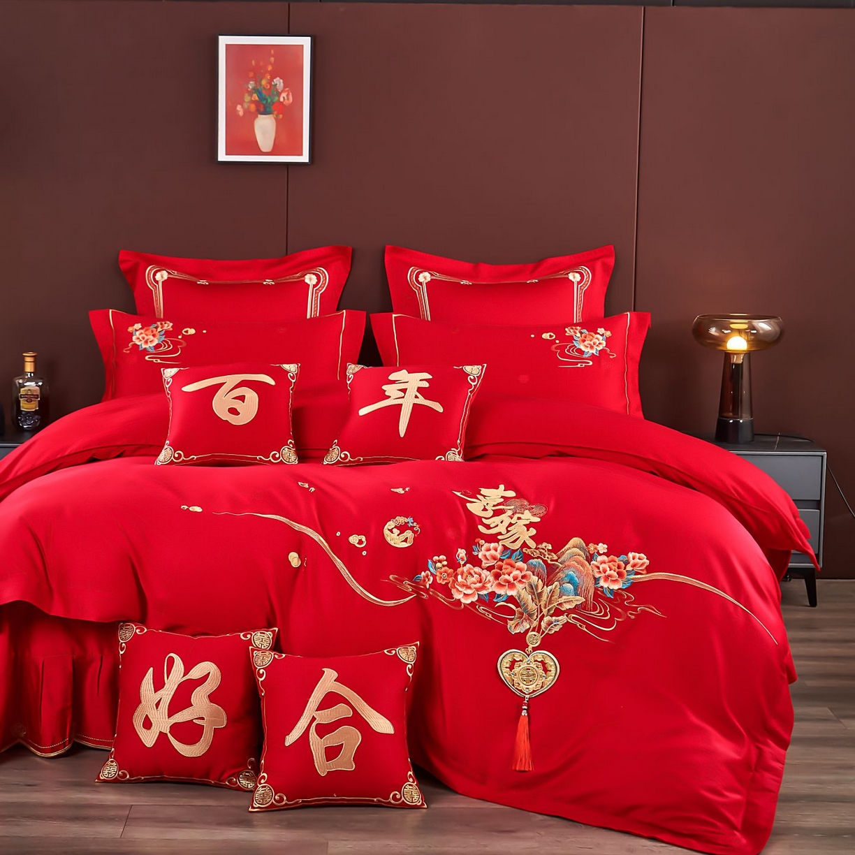 91家纺网 家纺一手货源 找家纺 皇潮婚庆馆 2025新款A类布款全棉刺绣婚庆四件套系列 花辰喜盈