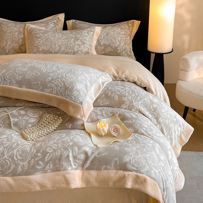 91家纺网 家纺一手货源 找家纺 民新家纺 2025新款牛奶绒宽包边雕花四件套 永恒之爱-羊绒灰