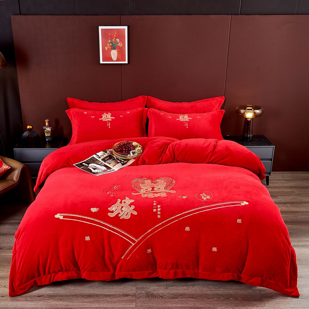 皇潮婚庆馆 2025新款婚庆牛奶绒刺绣床裙四件套系列 喜嫁