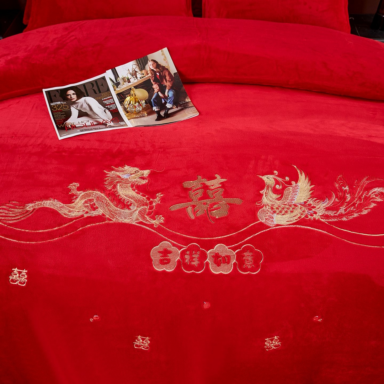 91家纺网 家纺一手货源 找家纺 皇潮婚庆馆 2025新款婚庆牛奶绒刺绣床裙四件套系列 吉祥如意