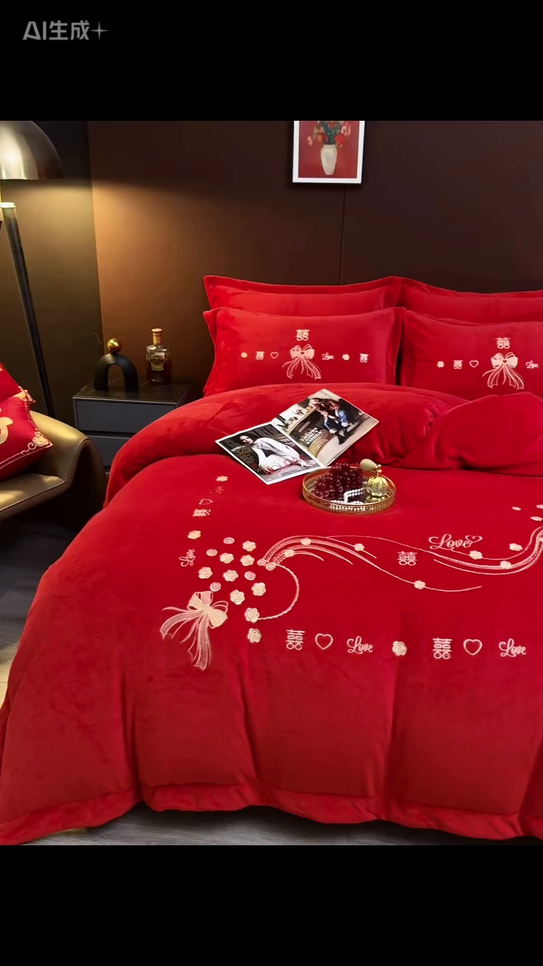 91家纺网 家纺一手货源 找家纺 皇潮婚庆馆 2025新款婚庆牛奶绒刺绣床裙四件套系列 心心相印