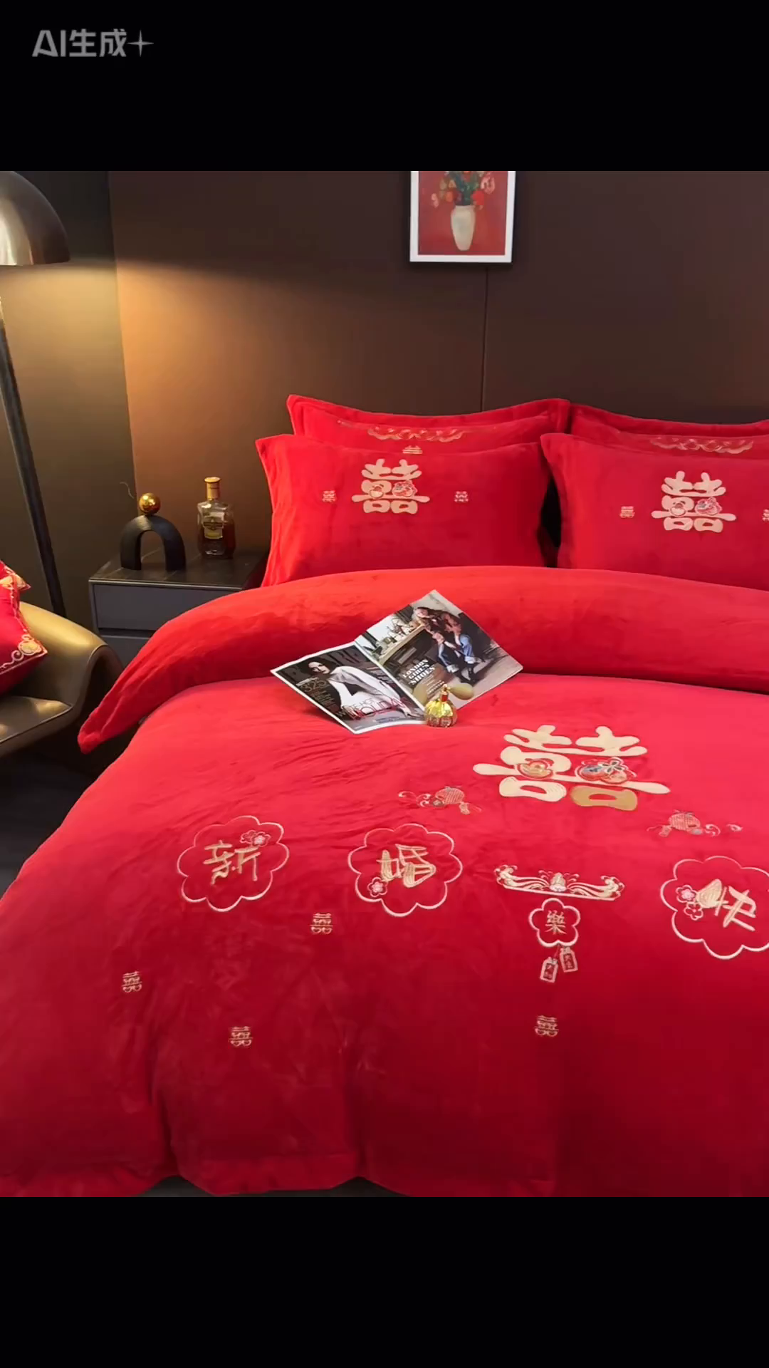 91家纺网 家纺一手货源 找家纺 皇潮婚庆馆 2025新款婚庆牛奶绒刺绣床裙四件套系列 新婚快乐