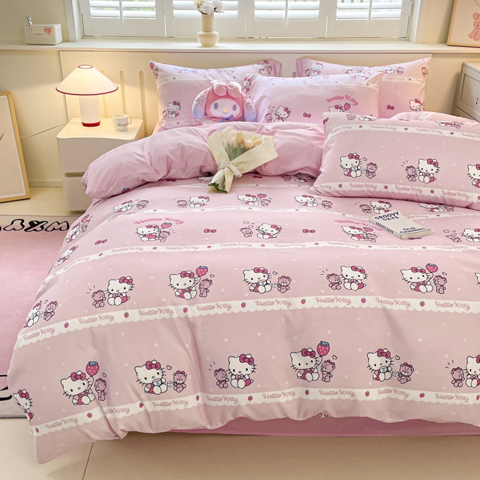 91家纺网 家纺一手货源 找家纺 港岛妹妹 2025新款云朵水洗工艺三丽鸥四件套 三丽鸥-草莓甜心kt猫