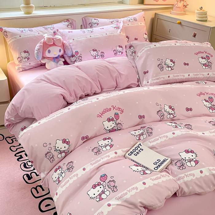 91家纺网 家纺一手货源 找家纺 港岛妹妹 2025新款云朵水洗工艺三丽鸥四件套 三丽鸥-草莓甜心kt猫