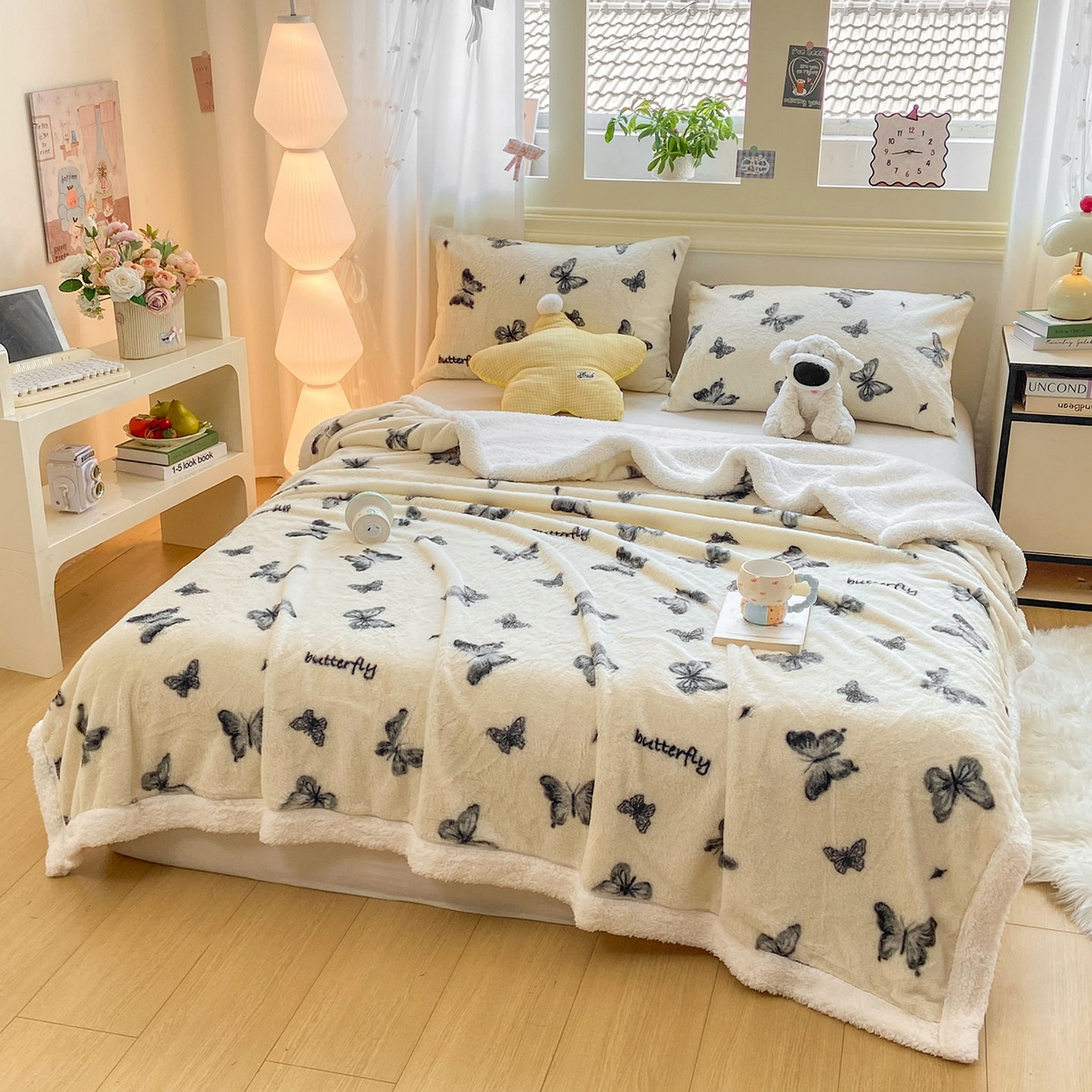 91家纺网 家纺一手货源 找家纺 眠势力 2025新款兔毛绒毛毯冬季加绒加厚盖毯兔兔绒保暖毯子带拉链-小清新系列 蝶舞飞扬