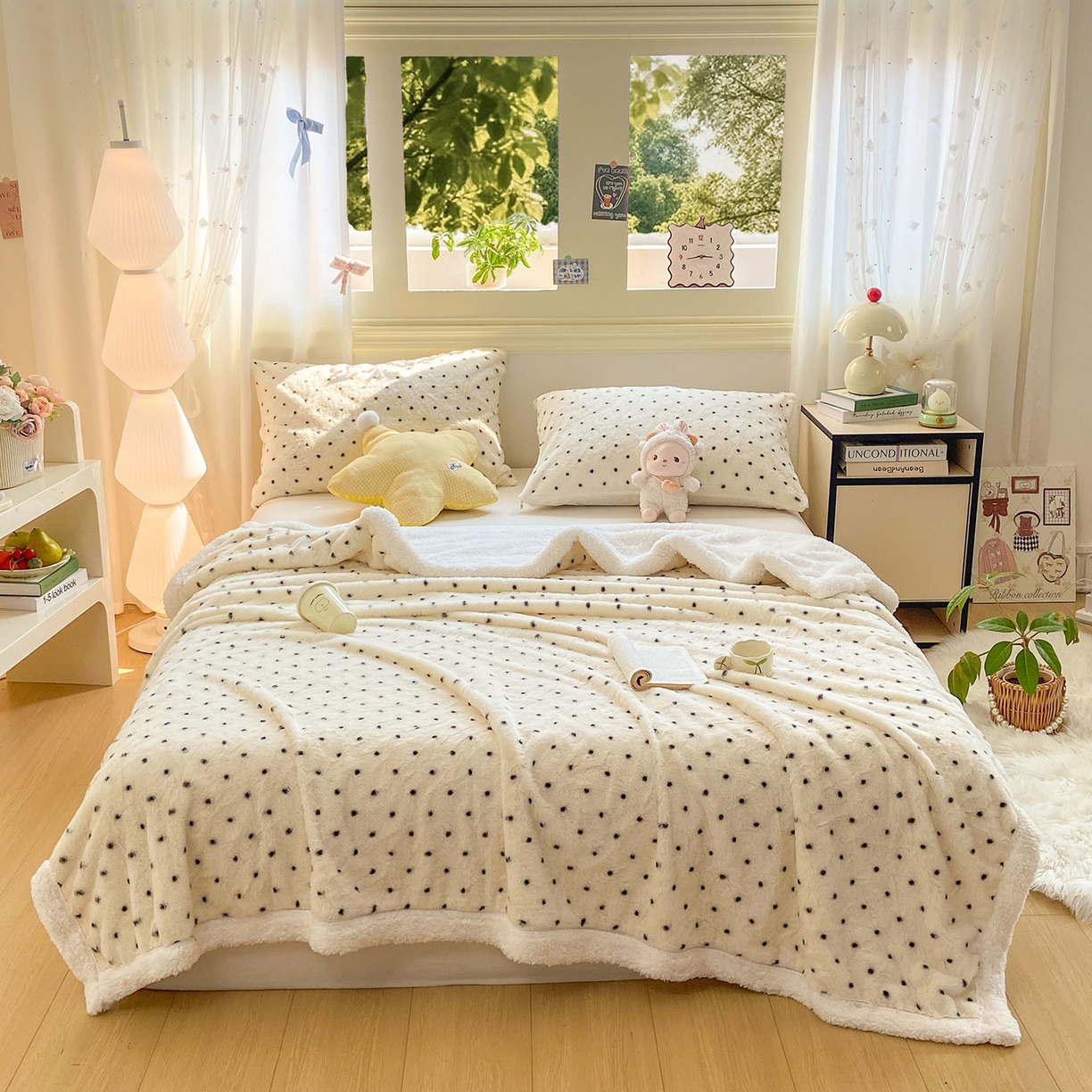 91家纺网 家纺一手货源 找家纺 眠势力 2025新款兔毛绒毛毯冬季加绒加厚盖毯兔兔绒保暖毯子带拉链-小清新系列 经典波点