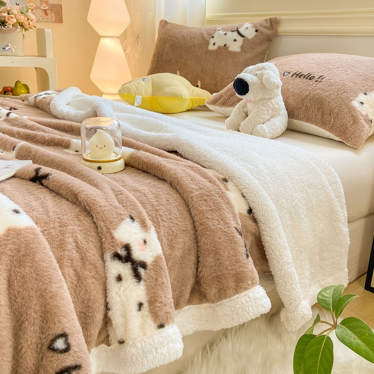91家纺网 家纺一手货源 找家纺 眠势力 2025新款兔毛绒毛毯冬季加绒加厚盖毯兔兔绒保暖毯子带拉链-小清新系列 斑点狗