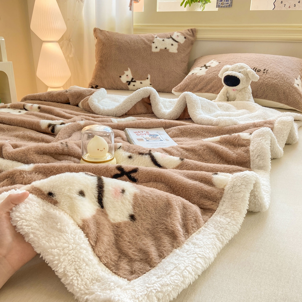 91家纺网 家纺一手货源 找家纺 眠势力 2025新款兔毛绒毛毯冬季加绒加厚盖毯兔兔绒保暖毯子带拉链-小清新系列 斑点狗