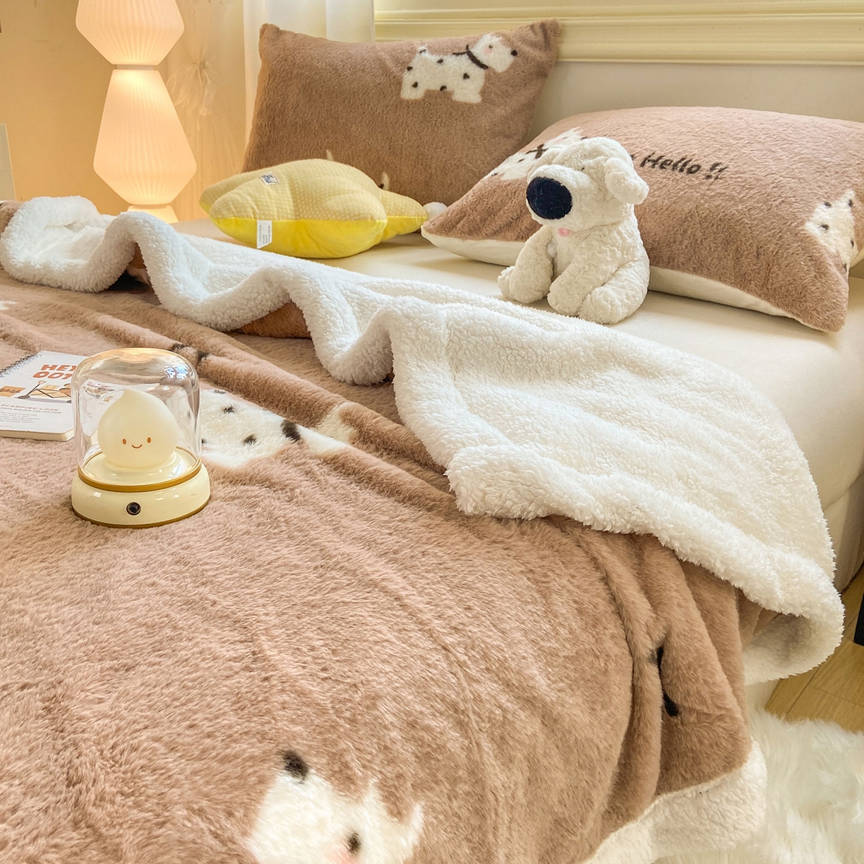 91家纺网 家纺一手货源 找家纺 眠势力 2025新款兔毛绒毛毯冬季加绒加厚盖毯兔兔绒保暖毯子带拉链-小清新系列 斑点狗