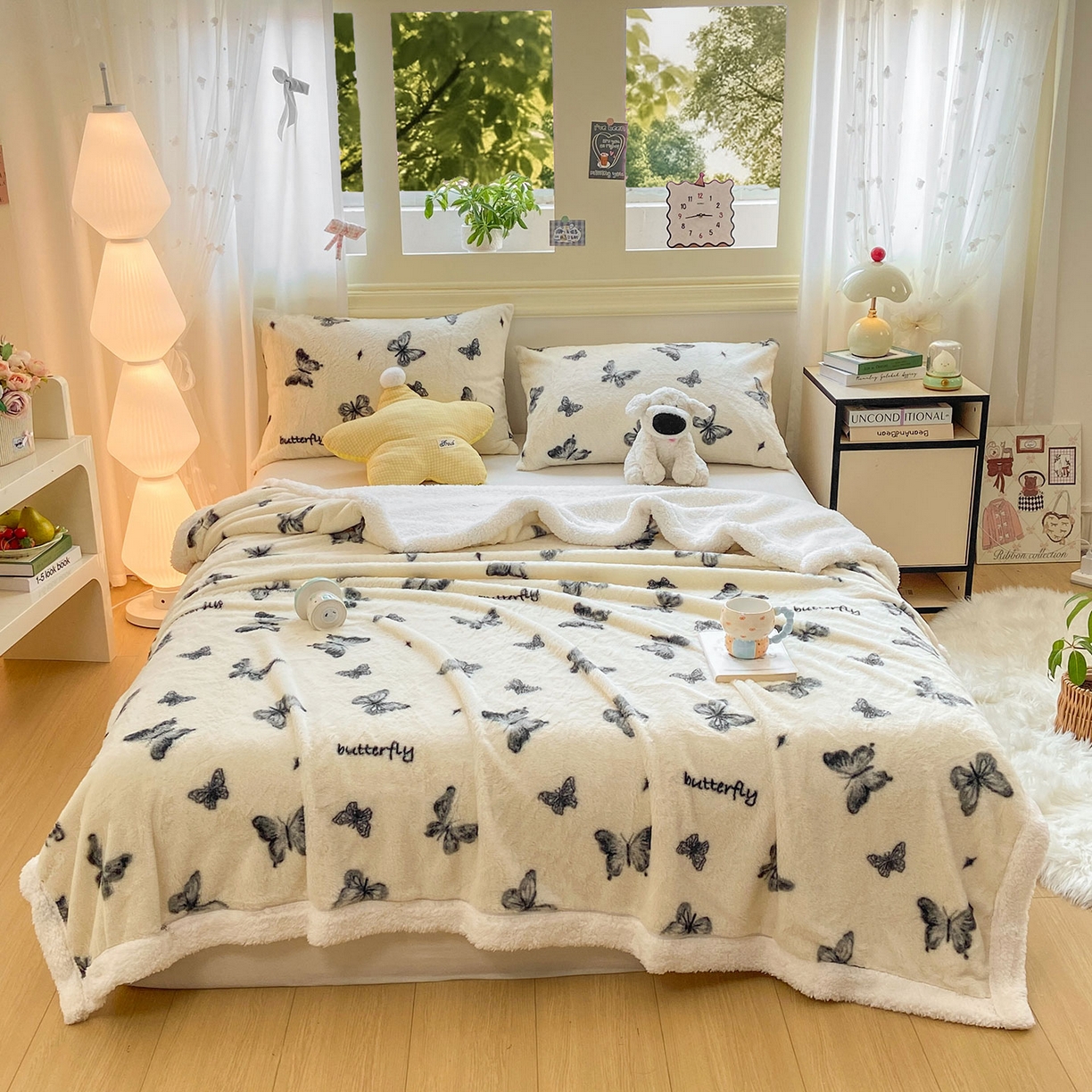 91家纺网 家纺一手货源 找家纺 眠势力 2025新款兔毛绒毛毯冬季加绒加厚盖毯兔兔绒保暖毯子带拉链-小清新系列 蝶舞飞扬