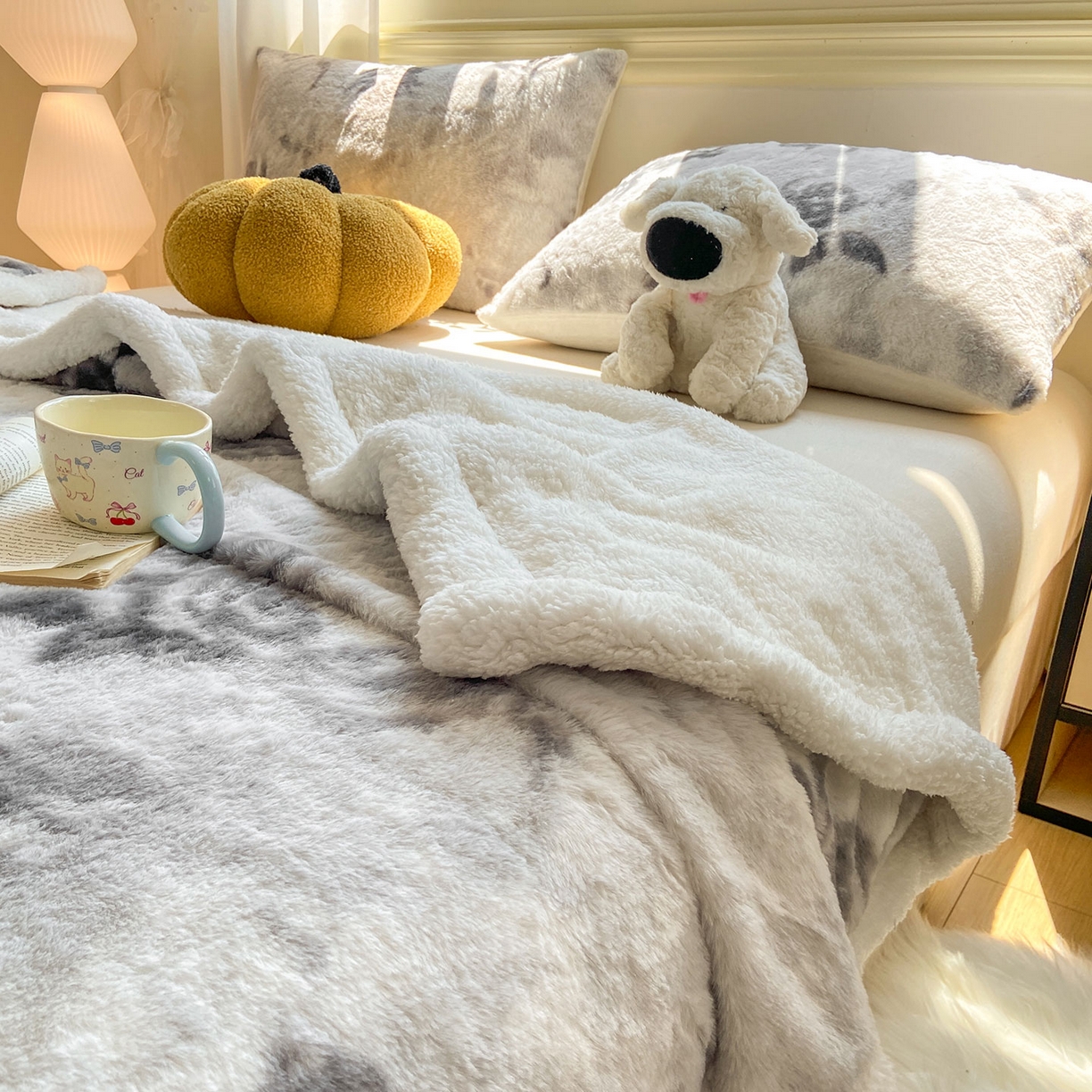 91家纺网 家纺一手货源 找家纺 眠势力 2025新款兔毛绒毛毯冬季加绒加厚盖毯兔兔绒保暖毯子带拉链-小清新系列 水墨玫瑰