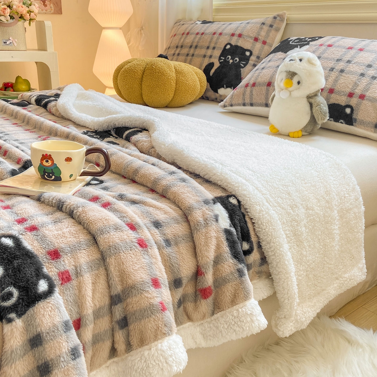 91家纺网 家纺一手货源 找家纺 眠势力 2025新款兔毛绒毛毯冬季加绒加厚盖毯兔兔绒保暖毯子带拉链-小清新系列 呆萌猫咪