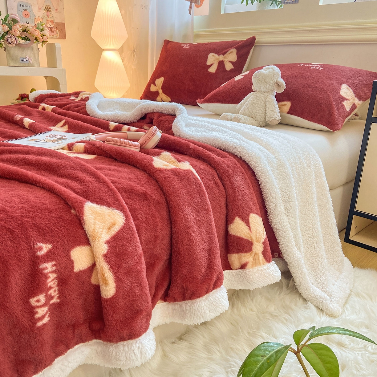 91家纺网 家纺一手货源 找家纺 眠势力 2025新款兔毛绒毛毯冬季加绒加厚盖毯兔兔绒保暖毯子带拉链-小清新系列 暖红梦境