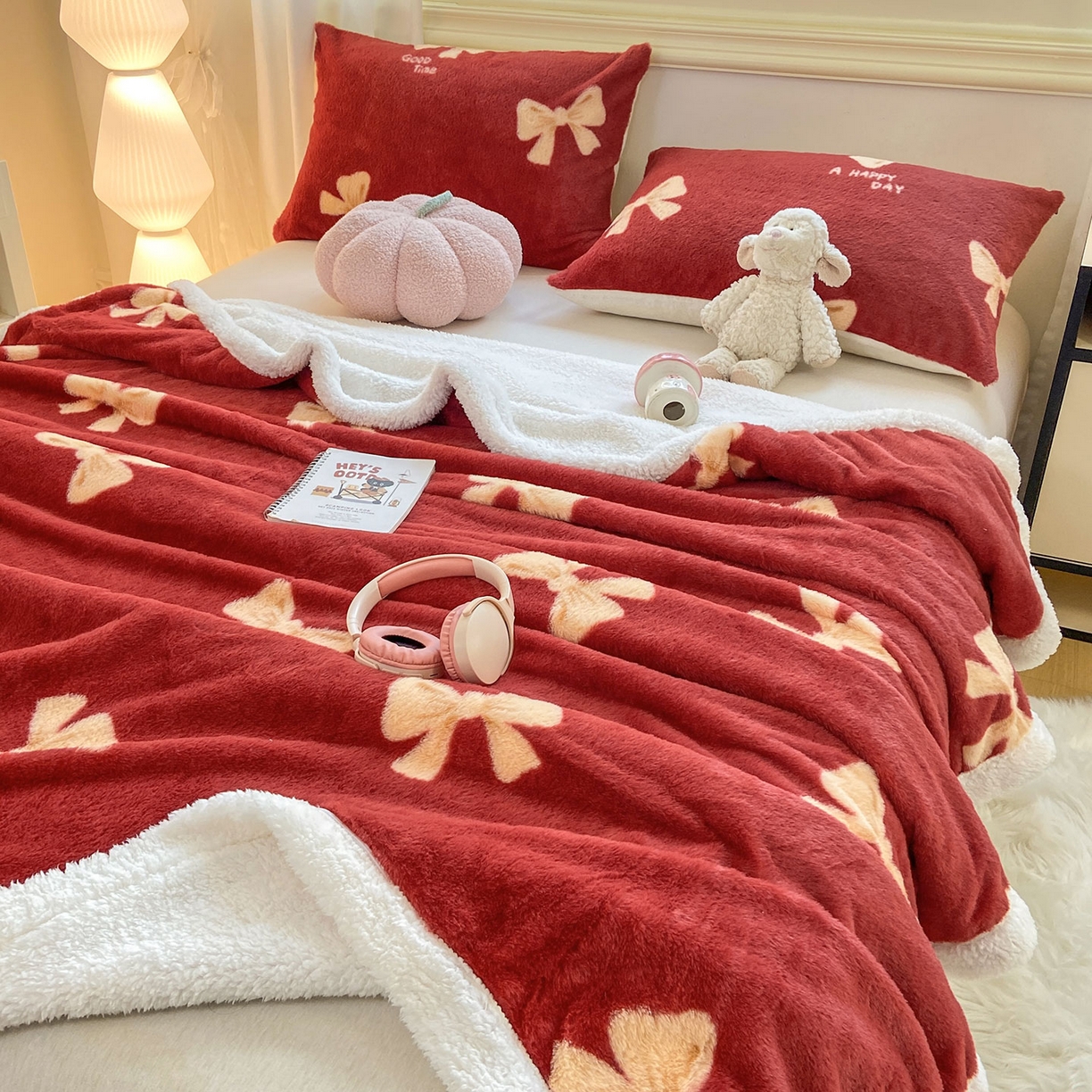 91家纺网 家纺一手货源 找家纺 眠势力 2025新款兔毛绒毛毯冬季加绒加厚盖毯兔兔绒保暖毯子带拉链-小清新系列 暖红梦境