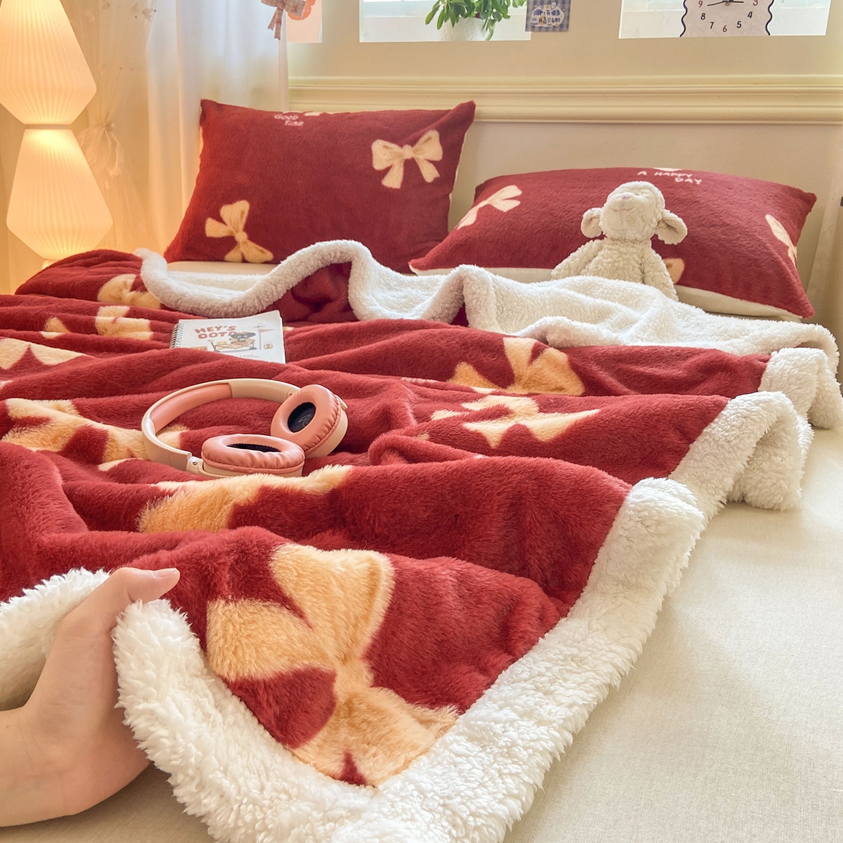 91家纺网 家纺一手货源 找家纺 眠势力 2025新款兔毛绒毛毯冬季加绒加厚盖毯兔兔绒保暖毯子带拉链-小清新系列 暖红梦境