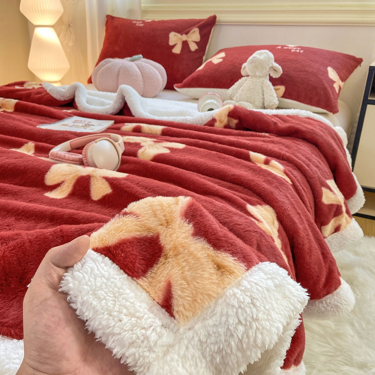 91家纺网 家纺一手货源 找家纺 眠势力 2025新款兔毛绒毛毯冬季加绒加厚盖毯兔兔绒保暖毯子带拉链-小清新系列 暖红梦境