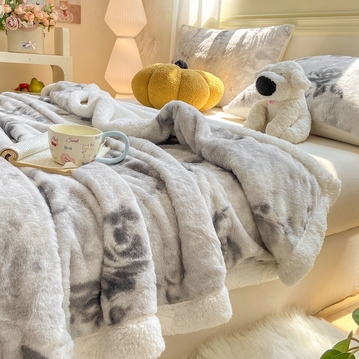 91家纺网 家纺一手货源 找家纺 眠势力 2025新款兔毛绒毛毯冬季加绒加厚盖毯兔兔绒保暖毯子带拉链-小清新系列 水墨玫瑰