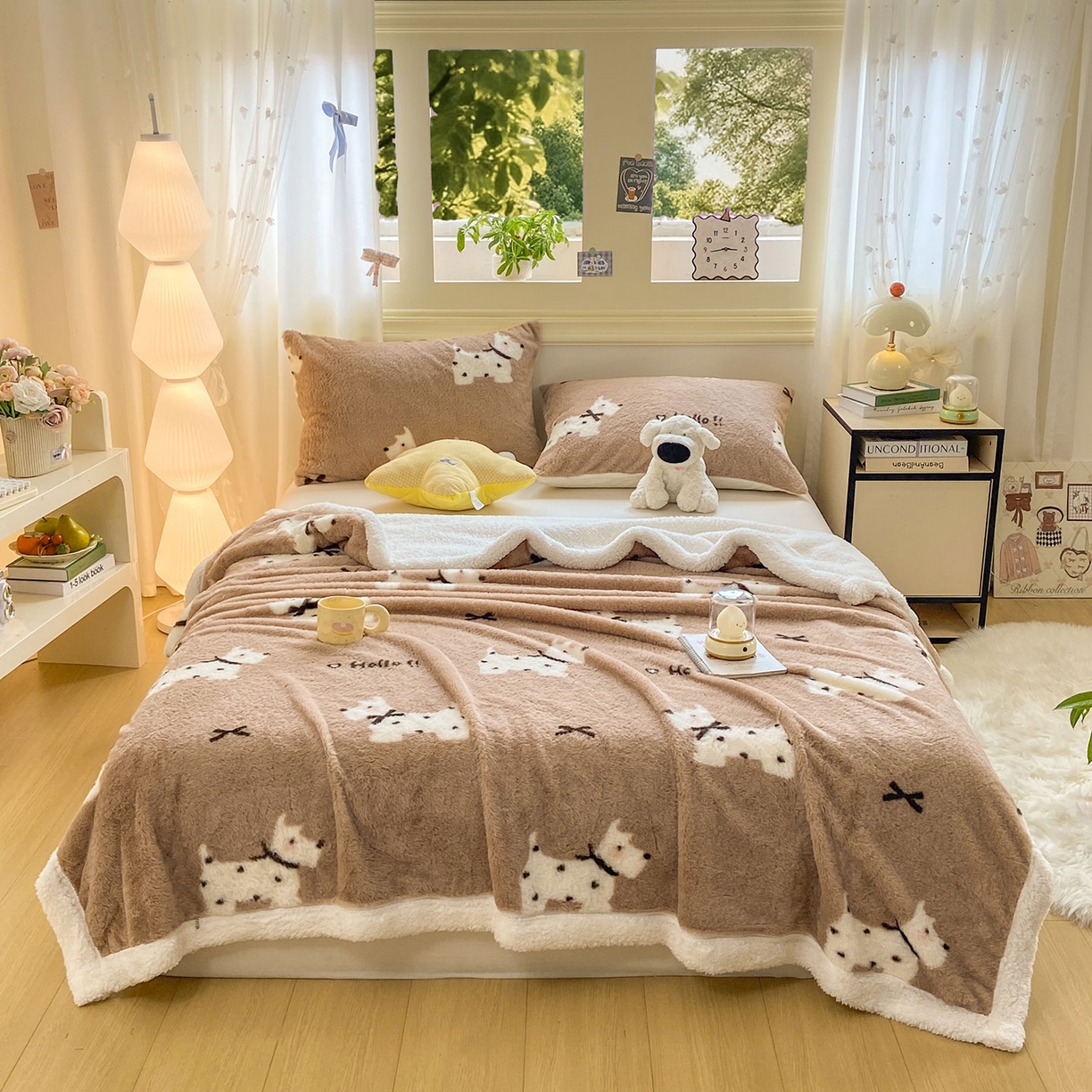 91家纺网 家纺一手货源 找家纺 眠势力 2025新款兔毛绒毛毯冬季加绒加厚盖毯兔兔绒保暖毯子带拉链-小清新系列 斑点狗