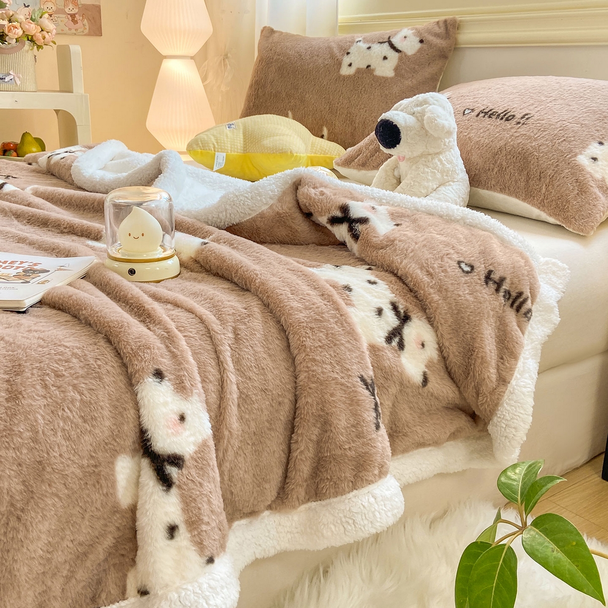 91家纺网 家纺一手货源 找家纺 眠势力 2025新款兔毛绒毛毯冬季加绒加厚盖毯兔兔绒保暖毯子带拉链-小清新系列 斑点狗