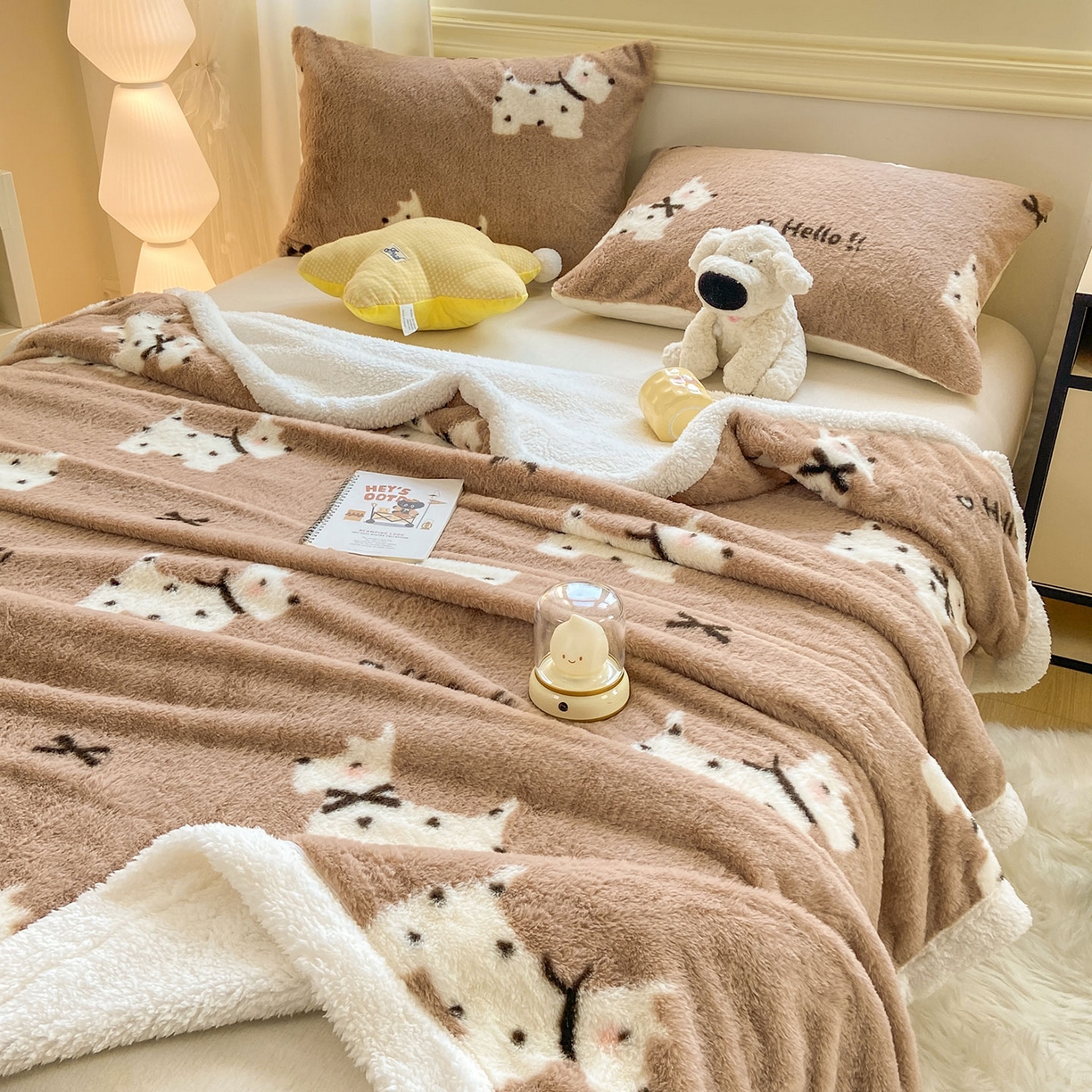 91家纺网 家纺一手货源 找家纺 眠势力 2025新款兔毛绒毛毯冬季加绒加厚盖毯兔兔绒保暖毯子带拉链-小清新系列 斑点狗