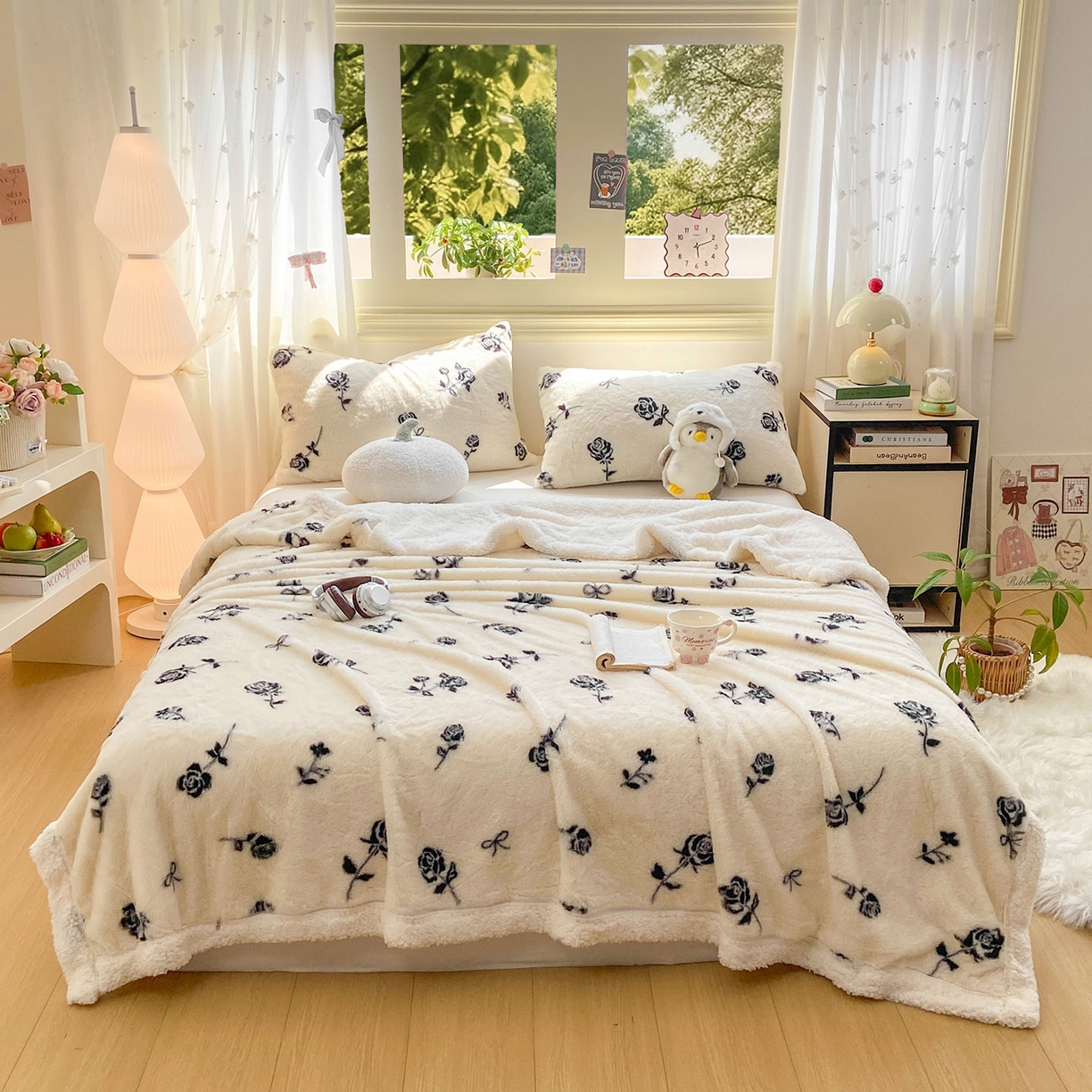 91家纺网 家纺一手货源 找家纺 眠势力 2025新款兔毛绒毛毯冬季加绒加厚盖毯兔兔绒保暖毯子带拉链-小清新系列 一枝玫瑰