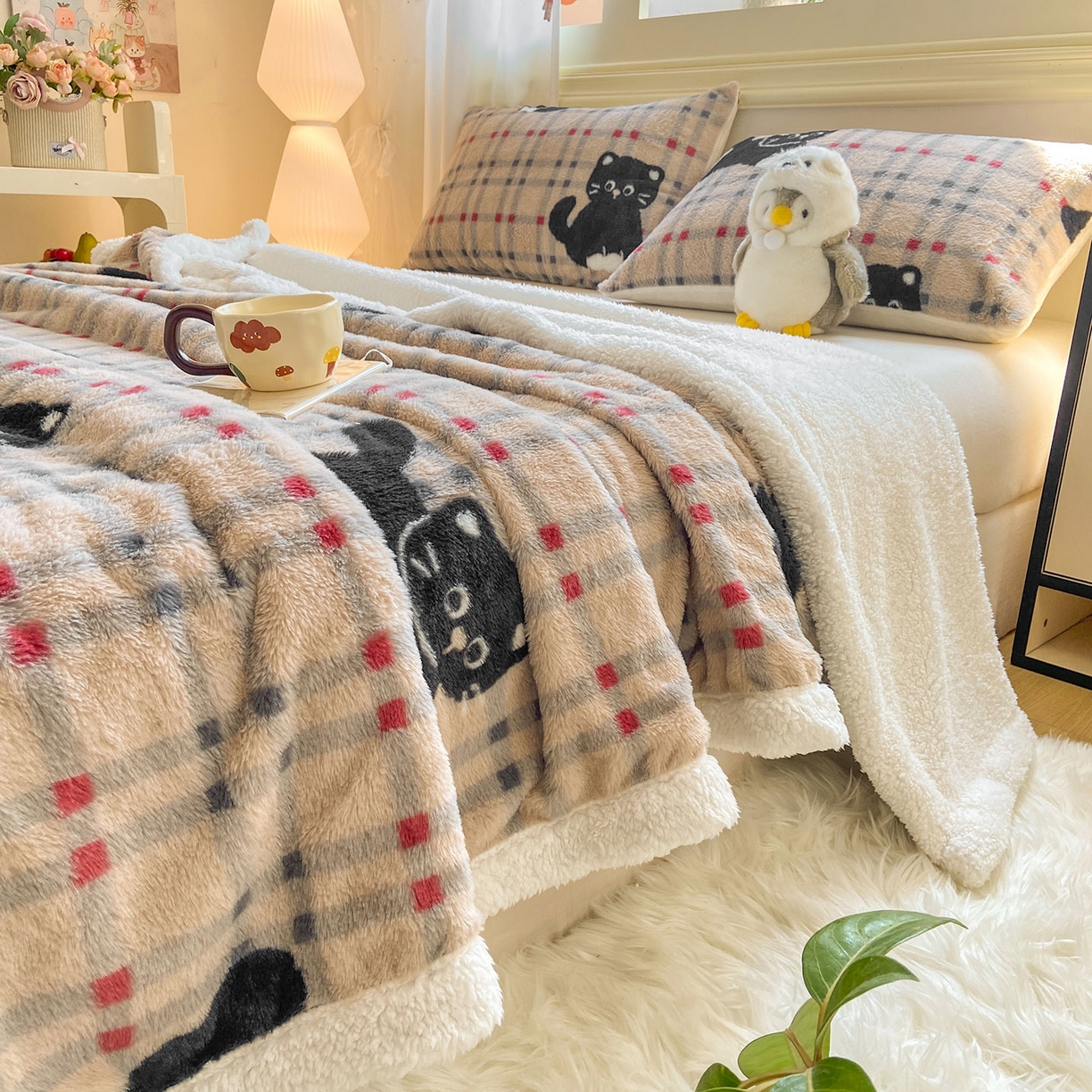 91家纺网 家纺一手货源 找家纺 眠势力 2025新款兔毛绒毛毯冬季加绒加厚盖毯兔兔绒保暖毯子带拉链-小清新系列 呆萌猫咪