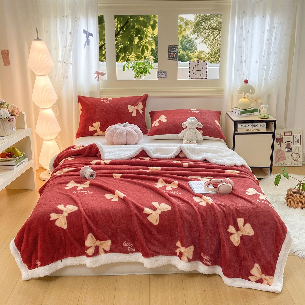 91家纺网 家纺一手货源 找家纺 眠势力 2025新款兔毛绒毛毯冬季加绒加厚盖毯兔兔绒保暖毯子带拉链-小清新系列 暖红梦境