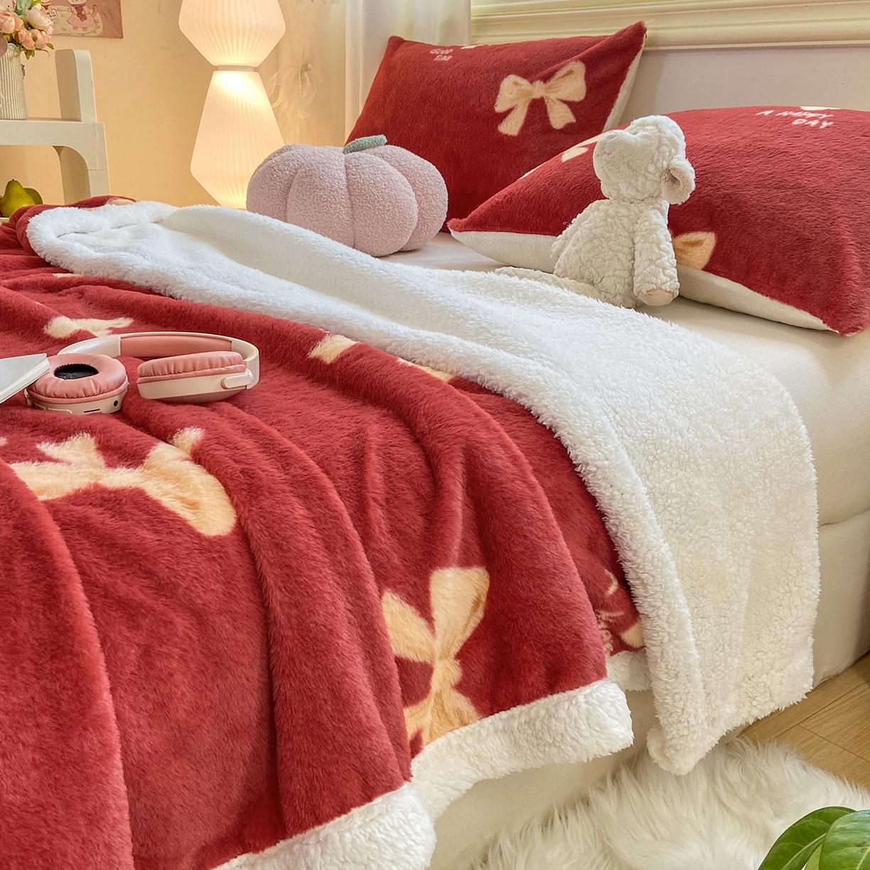 91家纺网 家纺一手货源 找家纺 眠势力 2025新款兔毛绒毛毯冬季加绒加厚盖毯兔兔绒保暖毯子带拉链-小清新系列 暖红梦境