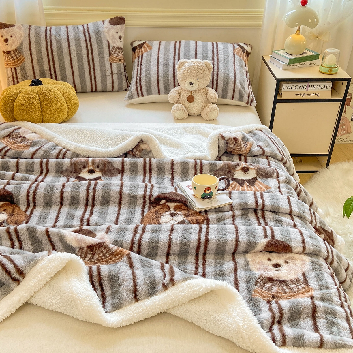 91家纺网 家纺一手货源 找家纺 眠势力 2025新款兔毛绒毛毯冬季加绒加厚盖毯兔兔绒保暖毯子带拉链-小清新系列 酷酷熊