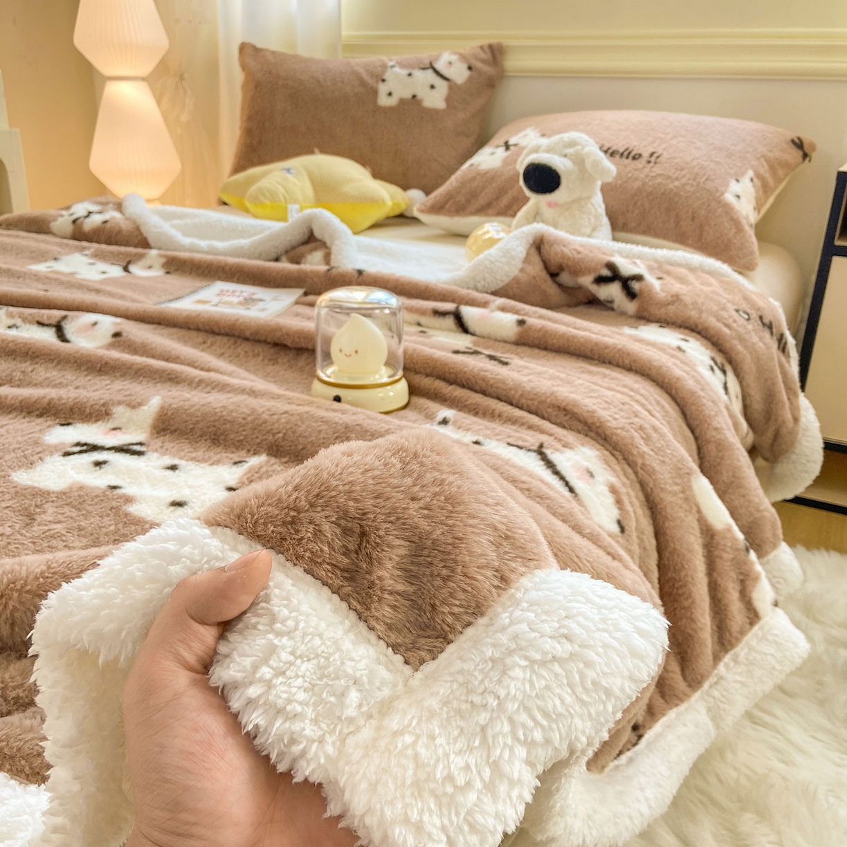 91家纺网 家纺一手货源 找家纺 眠势力 2025新款兔毛绒毛毯冬季加绒加厚盖毯兔兔绒保暖毯子带拉链-小清新系列 斑点狗